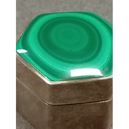 9 - Hallmarked Silver Malachite topped pill box weight 17.25 grams