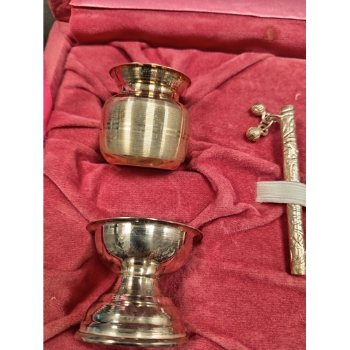 10 - Pink velvet boxed vintage silver plated christening set