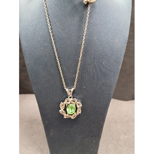 21 - Vintage green gemstone and marcasite pendant on magnetic clasp chain 46cm