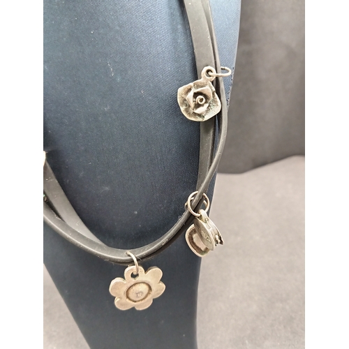 23 - Leather choker necklace with white metal charms 38cm