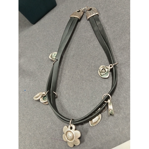 23 - Leather choker necklace with white metal charms 38cm