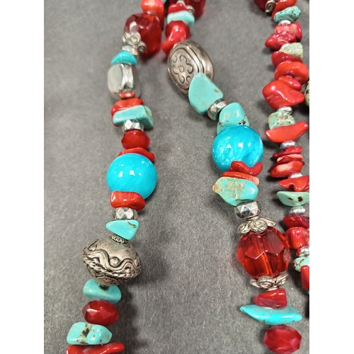 27 - Vintage long turquoise and red stone beaded tibetan necklace 80cm