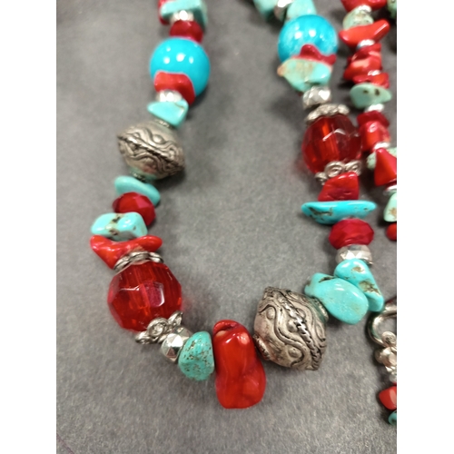 27 - Vintage long turquoise and red stone beaded tibetan necklace 80cm