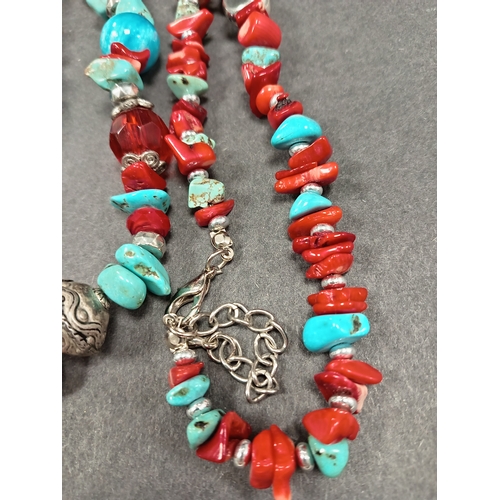 27 - Vintage long turquoise and red stone beaded tibetan necklace 80cm