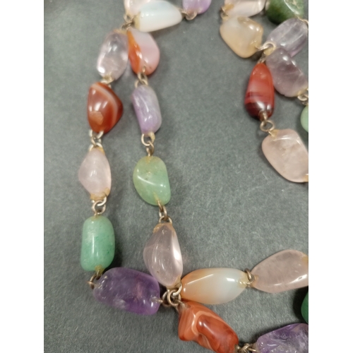 28 - Vintage natural gemstone long necklace 106cm includes Amethyst, Agate, and rose quartz