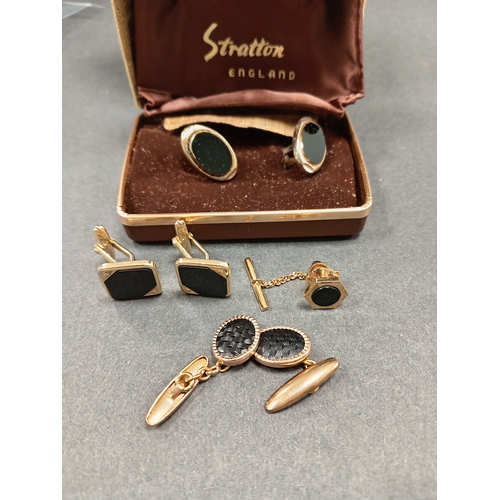 73 - Men's three sets of yellow metal cufflinks and tie pin includes Stratton