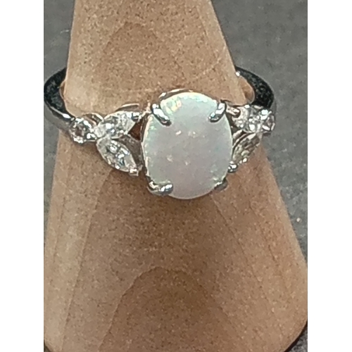 82 - Opal and diamanté 925 silver ring size K