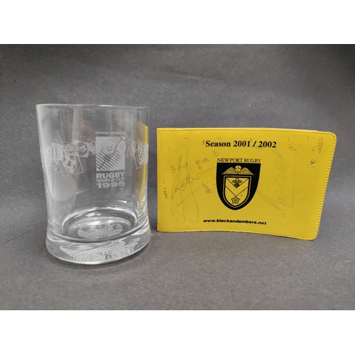 106 - Rugby world cup 1995 glass and a Newport rugby ticket wallet with signatures