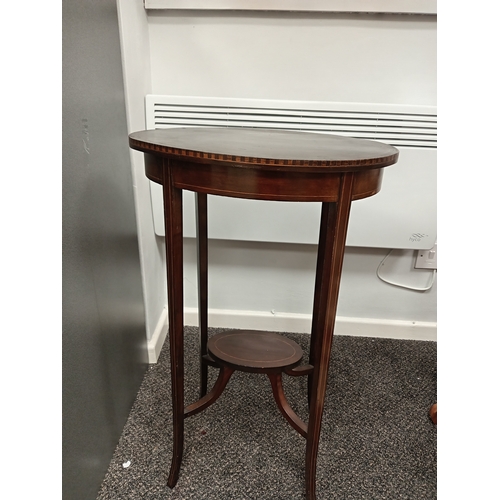 108 - Antique Edwardian mahogany inlaid oval side table H 72cm x W 44cm