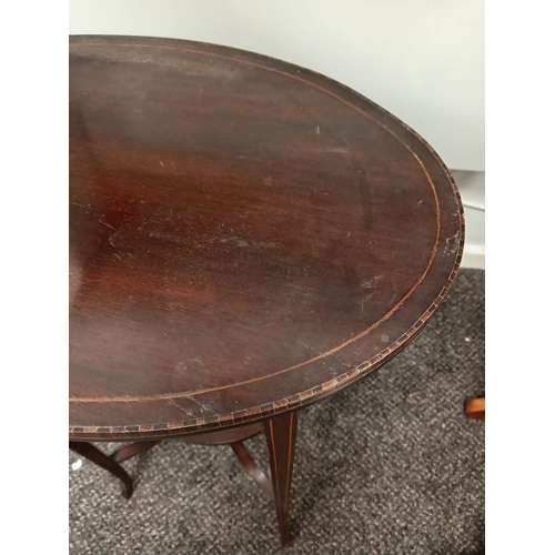 108 - Antique Edwardian mahogany inlaid oval side table H 72cm x W 44cm