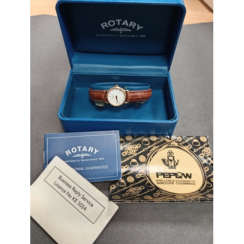 396 - 9ct gold ladies Rotary watch with brown leather strap in original box with paperwork