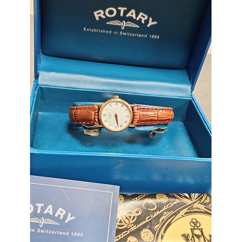 396 - 9ct gold ladies Rotary watch with brown leather strap in original box with paperwork