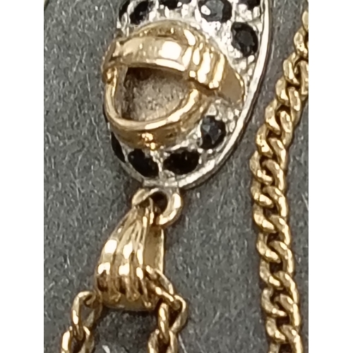 406 - 9ct gold sapphire and clear gemstone baby bootie pendant on 9ct gold chain 48cm weight 3.68 grams