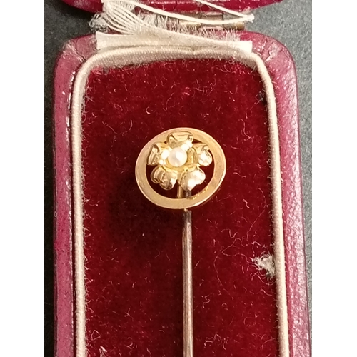 408 - Victorian yellow metal flower with pearl detail pin in original Victorian box