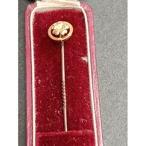 408 - Victorian yellow metal flower with pearl detail pin in original Victorian box