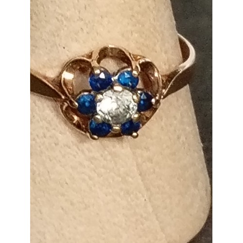 413 - 9ct gold sapphire and cubic zirconia ring size Q weight 1.78 grams