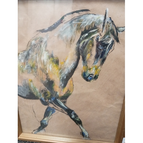 3 - Mixed media painting of horse on brown paper indistinctly signed.  H 44cm x 36cm