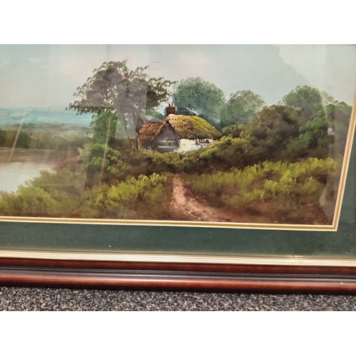 7 - Vintage framed unsigned oil on board painting of a cottage by a lake scene H 40cm x W 66cm