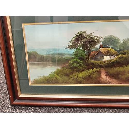 7 - Vintage framed unsigned oil on board painting of a cottage by a lake scene H 40cm x W 66cm