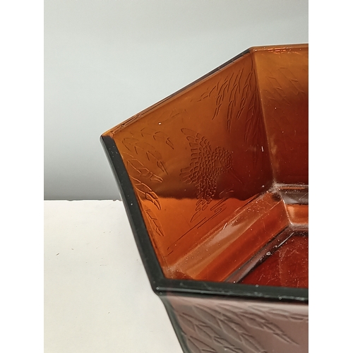 29 - Art Deco Sherdley Amber glass Hexagonal bowl with Kingfisher detail H 12cm x W 25cm