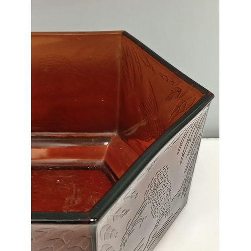 29 - Art Deco Sherdley Amber glass Hexagonal bowl with Kingfisher detail H 12cm x W 25cm