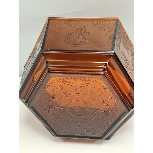 29 - Art Deco Sherdley Amber glass Hexagonal bowl with Kingfisher detail H 12cm x W 25cm