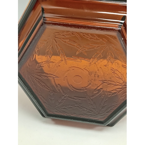 29 - Art Deco Sherdley Amber glass Hexagonal bowl with Kingfisher detail H 12cm x W 25cm