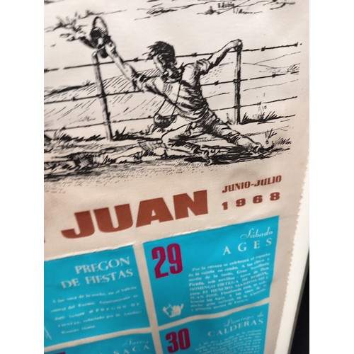 34 - Spanish San Juan 1968 bull fighting Silk poster on frame H 62cm x W 40cm