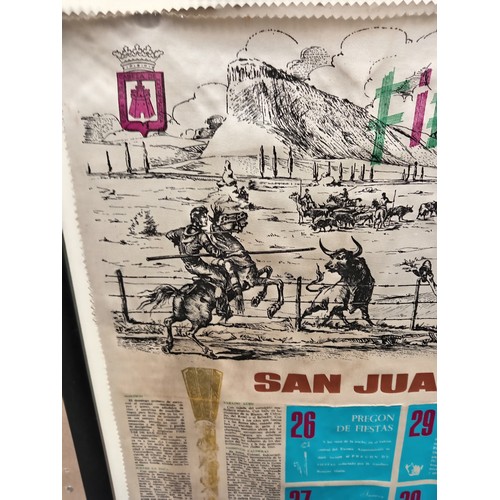 34 - Spanish San Juan 1968 bull fighting Silk poster on frame H 62cm x W 40cm