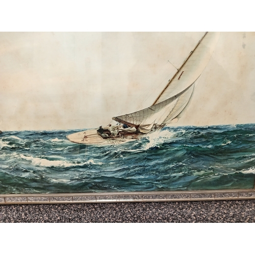 55 - Large mirror framed1930's Montague Dawson print 'A Winning Tack' Boat at sea scene H 45cm x W 67cm