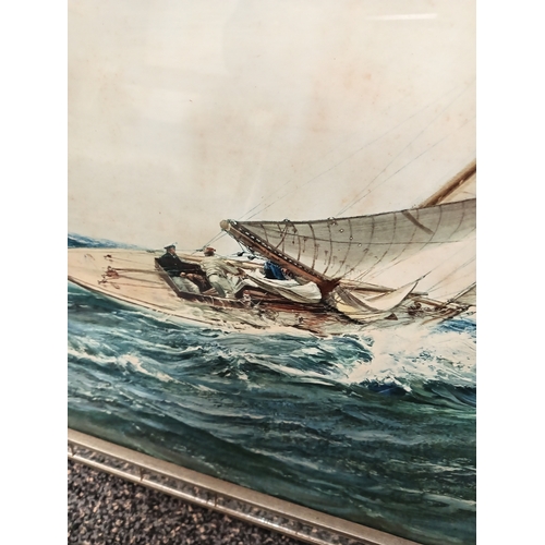 55 - Large mirror framed1930's Montague Dawson print 'A Winning Tack' Boat at sea scene H 45cm x W 67cm