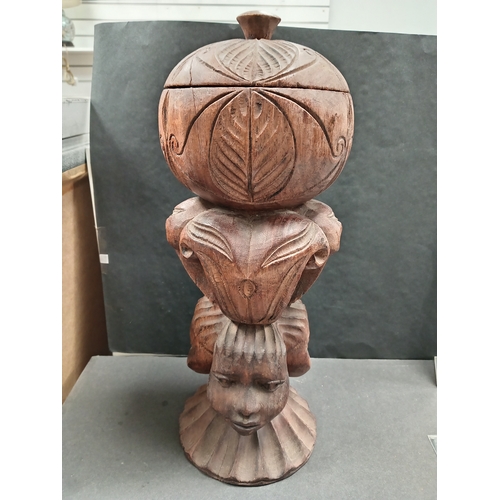 65 - African tall hand carved wooden pot H 40cm x W 15cm