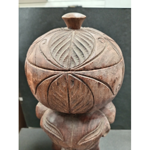 65 - African tall hand carved wooden pot H 40cm x W 15cm