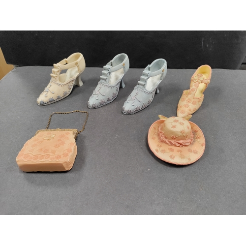 75 - Steps in time collection by regency fine arts ceramic shoes, hat and bag. Bag AF small chip