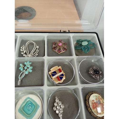 304 - Job lot of vintage brooches and scarf clips in an A/F display case