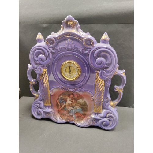 404 - Antique Ornate Victorian Gold Guilt Painted Purple Ceramic Mantel Clock