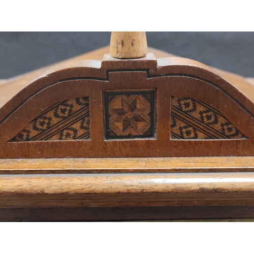 405 - Antique Oak In layed Mantel Clock complete with pendulum and key.