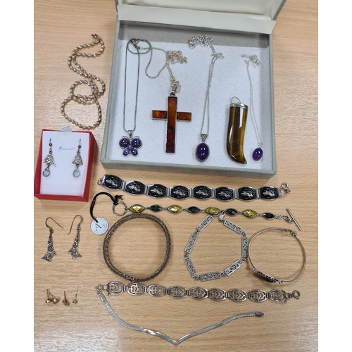 657 - Job lot of mainly Silver necklaces; pendants; bracelets and earrings. Plus yellow metal studs.