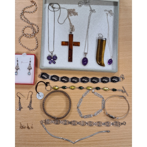 657 - Job lot of mainly Silver necklaces; pendants; bracelets and earrings. Plus yellow metal studs.