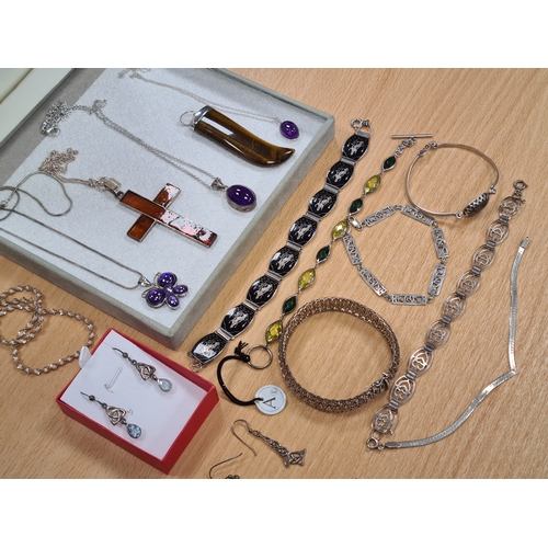 657 - Job lot of mainly Silver necklaces; pendants; bracelets and earrings. Plus yellow metal studs.