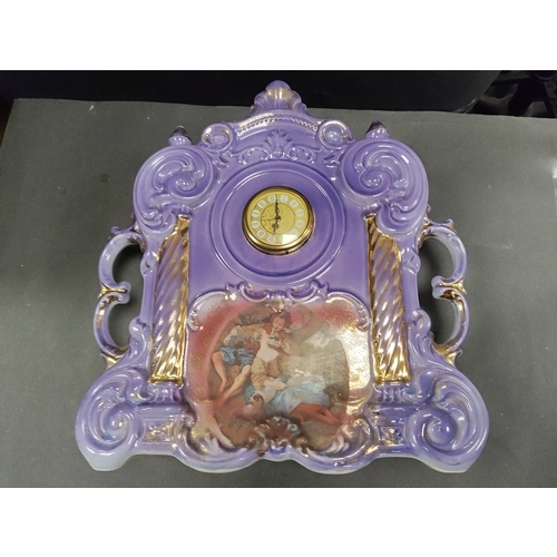 404 - Antique Ornate Victorian Gold Guilt Painted Purple Ceramic Mantel Clock