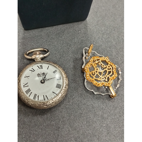 670 - White metal large curb necklace L 20cm,ladies pocket watch and a crystal and yellow metal pendant wi... 