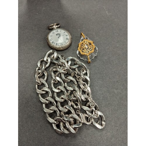 670 - White metal large curb necklace L 20cm,ladies pocket watch and a crystal and yellow metal pendant wi... 