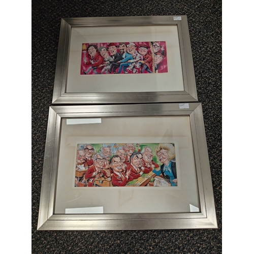 416 - Pair of framed spitting image prints includes Benny Hill, Kenn Dodd, Billy Connolly, Margaret Thatch... 