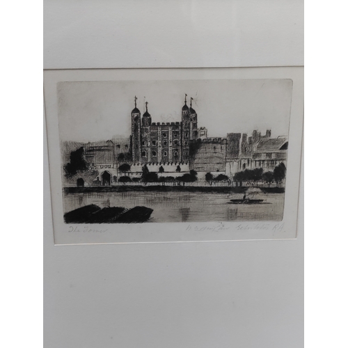 429 - A trio a framed lithographs signed by an unknown artist. The scenes include the houses of parliament... 