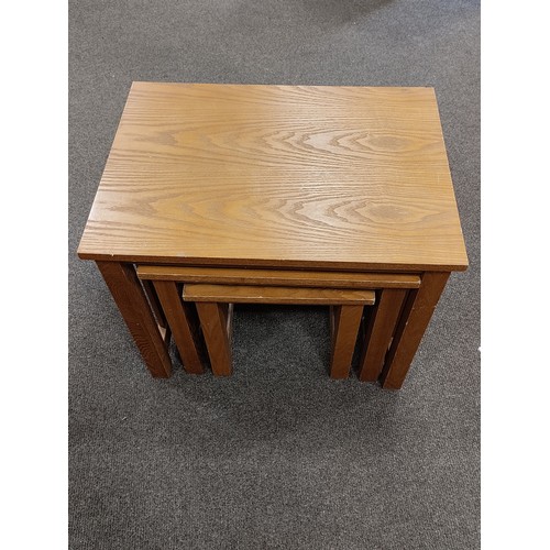 437 - A nest of three pine tables. Small H 33cm x W 31cm x D 29cm, Medium H 39cm x W 43cm x D 35cm, Large ... 