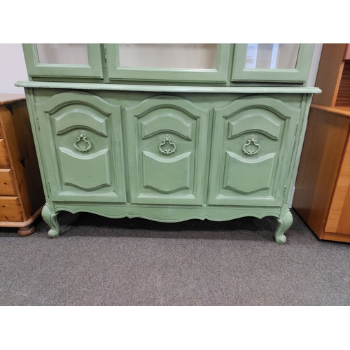 445 - Vintage Dresser / Display Cabinet painted green with light in the top.