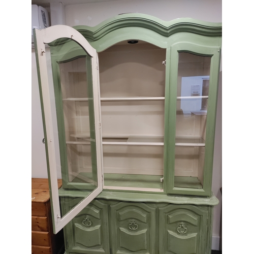 445 - Vintage Dresser / Display Cabinet painted green with light in the top.