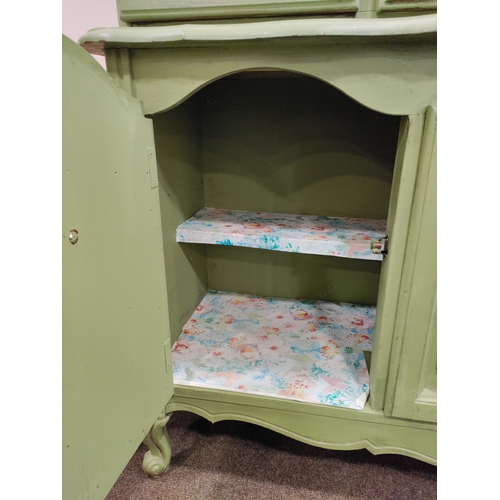 445 - Vintage Dresser / Display Cabinet painted green with light in the top.