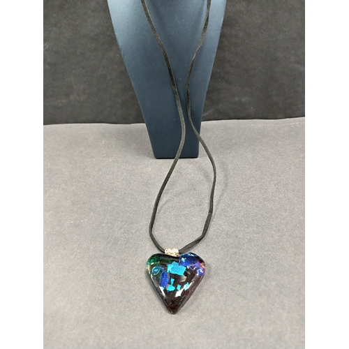 692 - Hand made blue glass heart made with love pendant on chain L 64cm